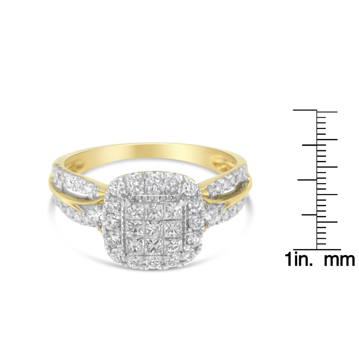 10K Yellow Gold 1.0 Cttw Diamond Composite Cushion-Shape Halo 3-Band-Look Engagement Ring (H-I Color, SI1-SI2 Clarity) - JackiEaslick