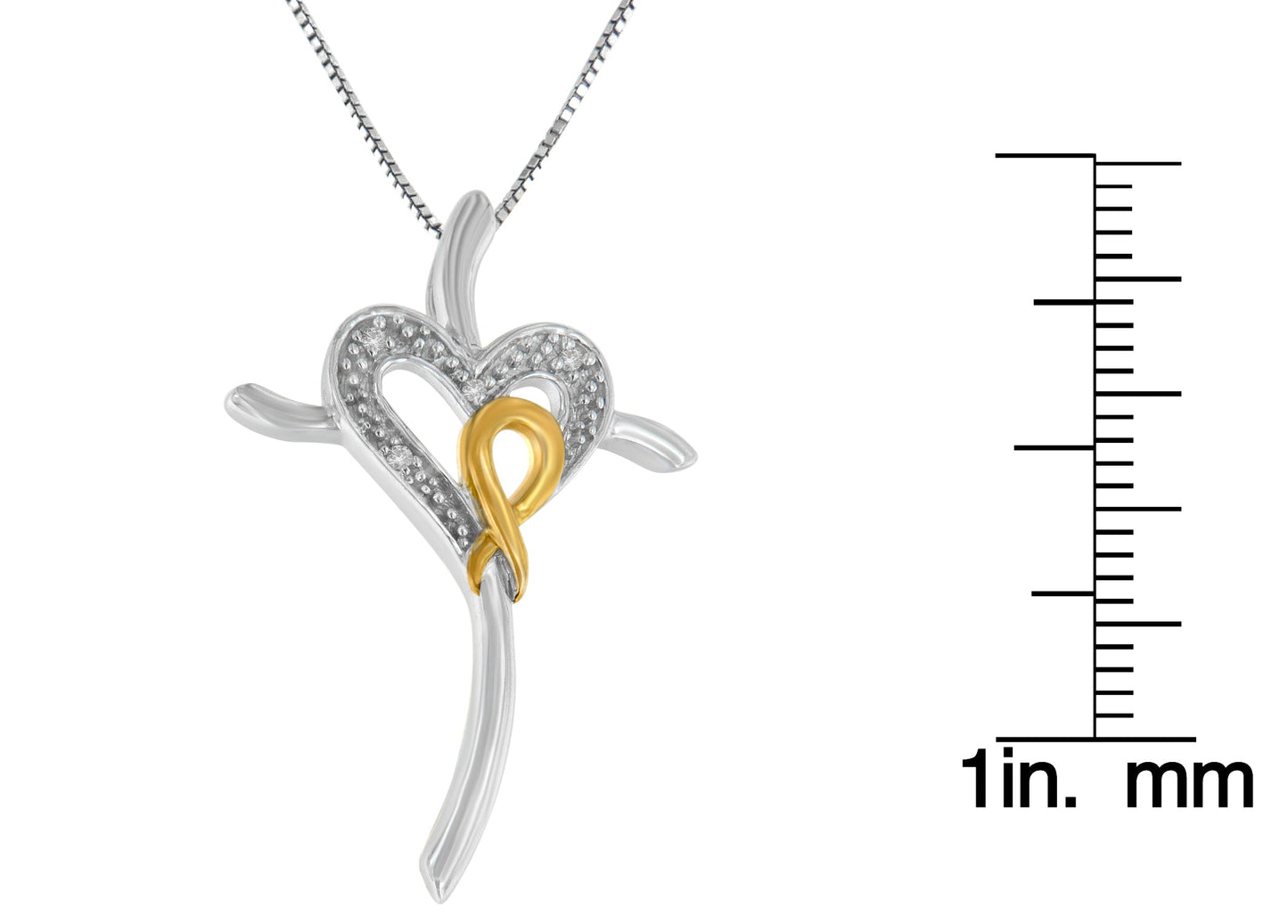 10K Yellow and White Gold Plated .925 Sterling Silver 1/25 Cttw Diamond Heart-Cross 18" Pendant Necklace (H-I Color, I2-I3 Clarity)