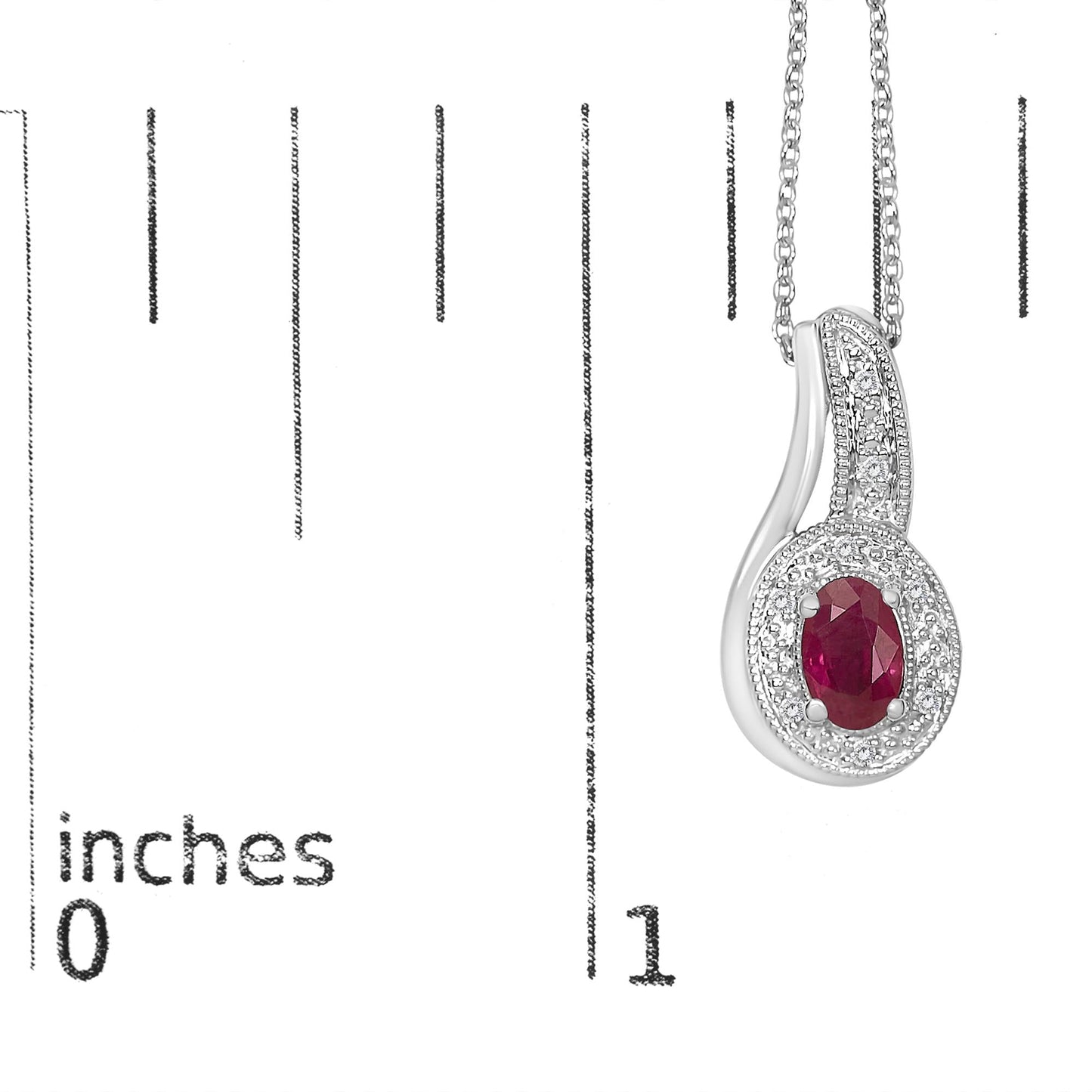 .925 Sterling Silver Red Ruby and Diamond Accent Milgrain Swirl Pendant Necklace - 18" Inches