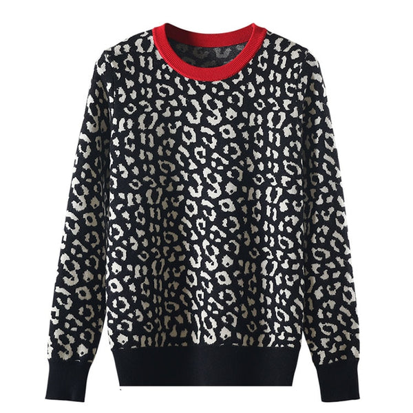 Leopard Knitted Pullovers Crewneck Sweater