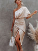 One-Shoulder Satin Wrap Dress with Side Slit