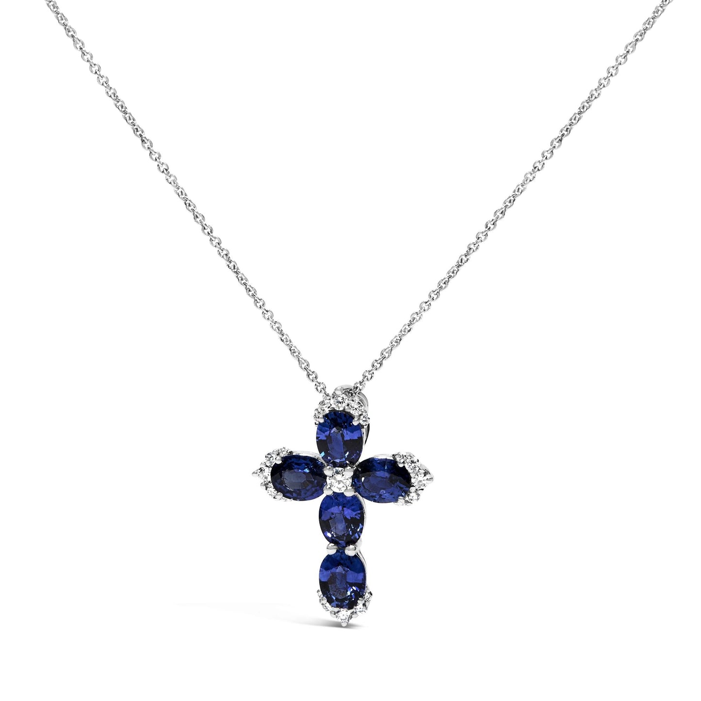 18K White Gold 3x4 MM Oval Blue Sapphire and Diamond Cross Pendant Necklace - 18" Inches