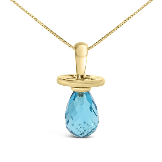 14K Yellow Gold and Blue Quartz Pacifier Pendant Necklace - 18" Inches