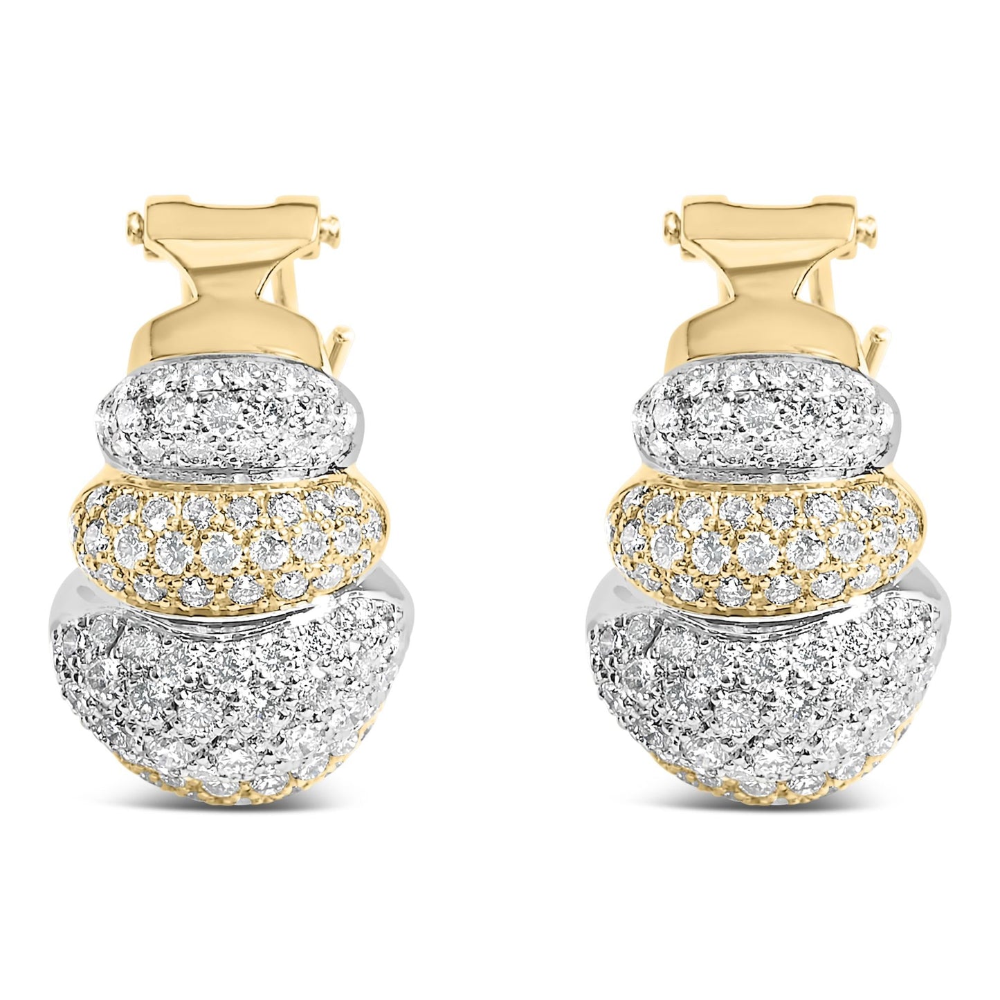 18K Two-Toned Gold 5.00 Cttw Diamond Three-tier Domed Button Omega Back Earrings (G-H Color, VS2-SI1 Clarity)