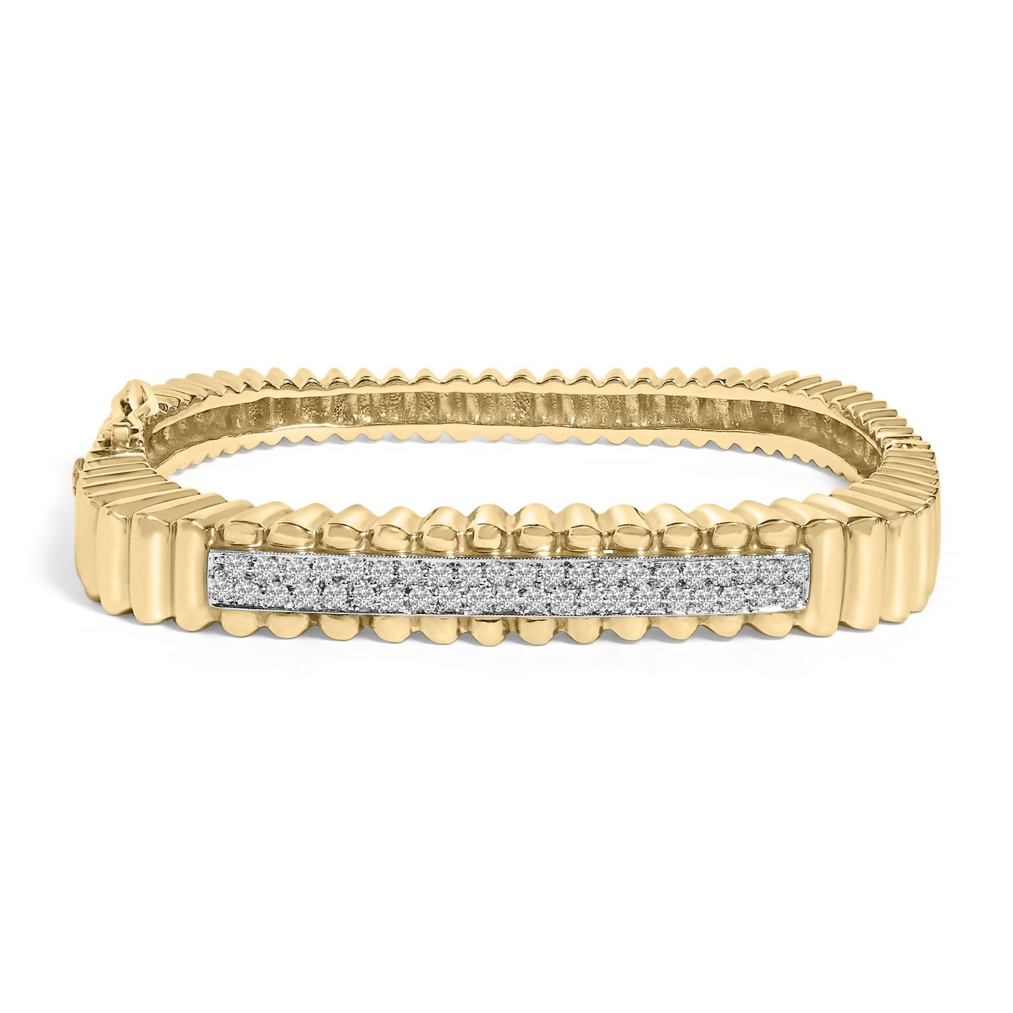 14K Yellow Gold 1 1/4 Cttw Diamond Ribbed Rounded Rectangle Bangle Bracelet (G-H Color, VS2-SI1 Clarity) - 7.75" Inches