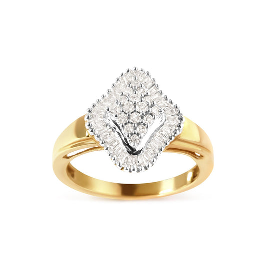 10K Yellow Gold 1/2 Cttw Round And Baguette-cut Diamond Rhombus Head and Halo Ring (I-J Color, I1-I2 Clarity)