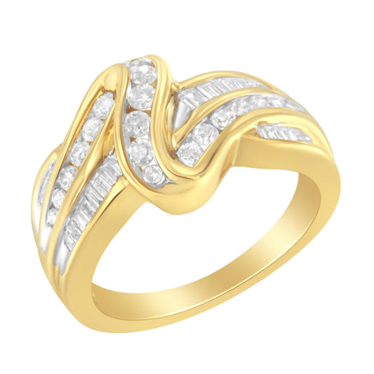 10K Yellow Gold 3/4 Cttw Channel Set Round and Baguette-cut Diamond Double Shank Bypass Ring (J-K Color, I1-I2 Clarity) - JackiEaslick