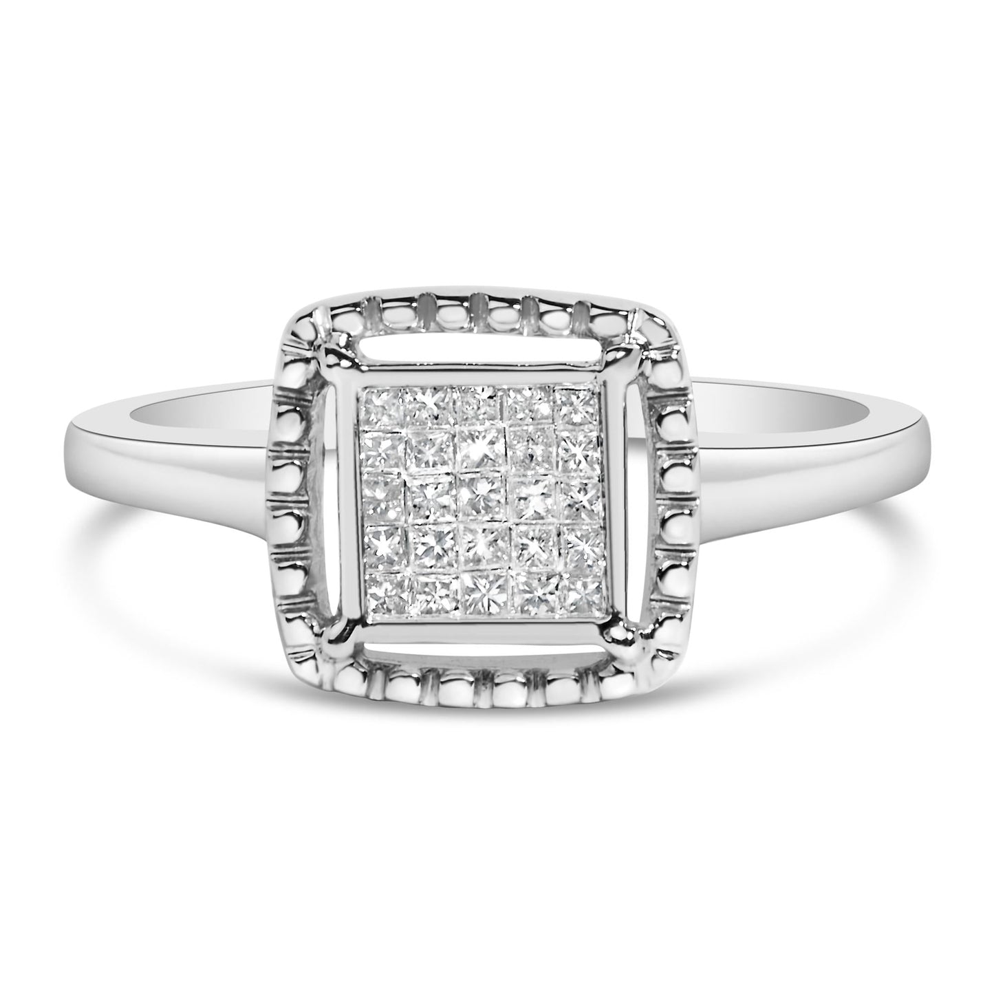 .925 Sterling Silver 1/5 Cttw Invisible Set Princess Cut Diamond Promise Ring with Beaded Halo (H-I Color, I1-I2 Clarity)