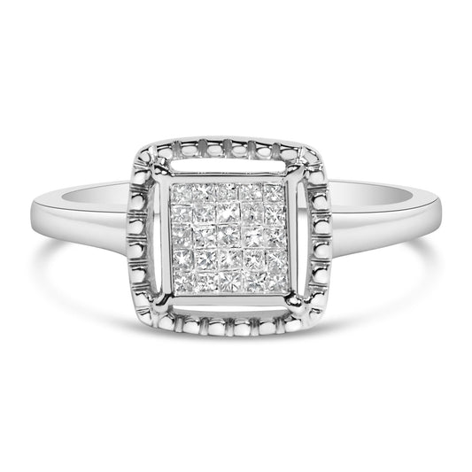 .925 Sterling Silver 1/5 Cttw Invisible Set Princess Cut Diamond Promise Ring with Beaded Halo (H-I Color, I1-I2 Clarity)