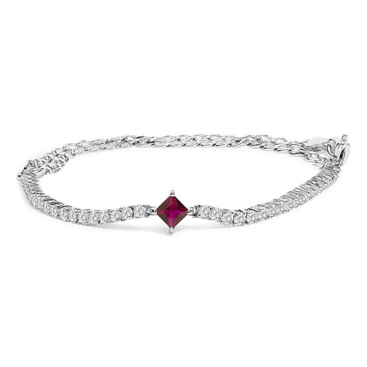 .925 Sterling Silver Created Ruby and Sapphire Adjustable Tennis Chain Bracelet