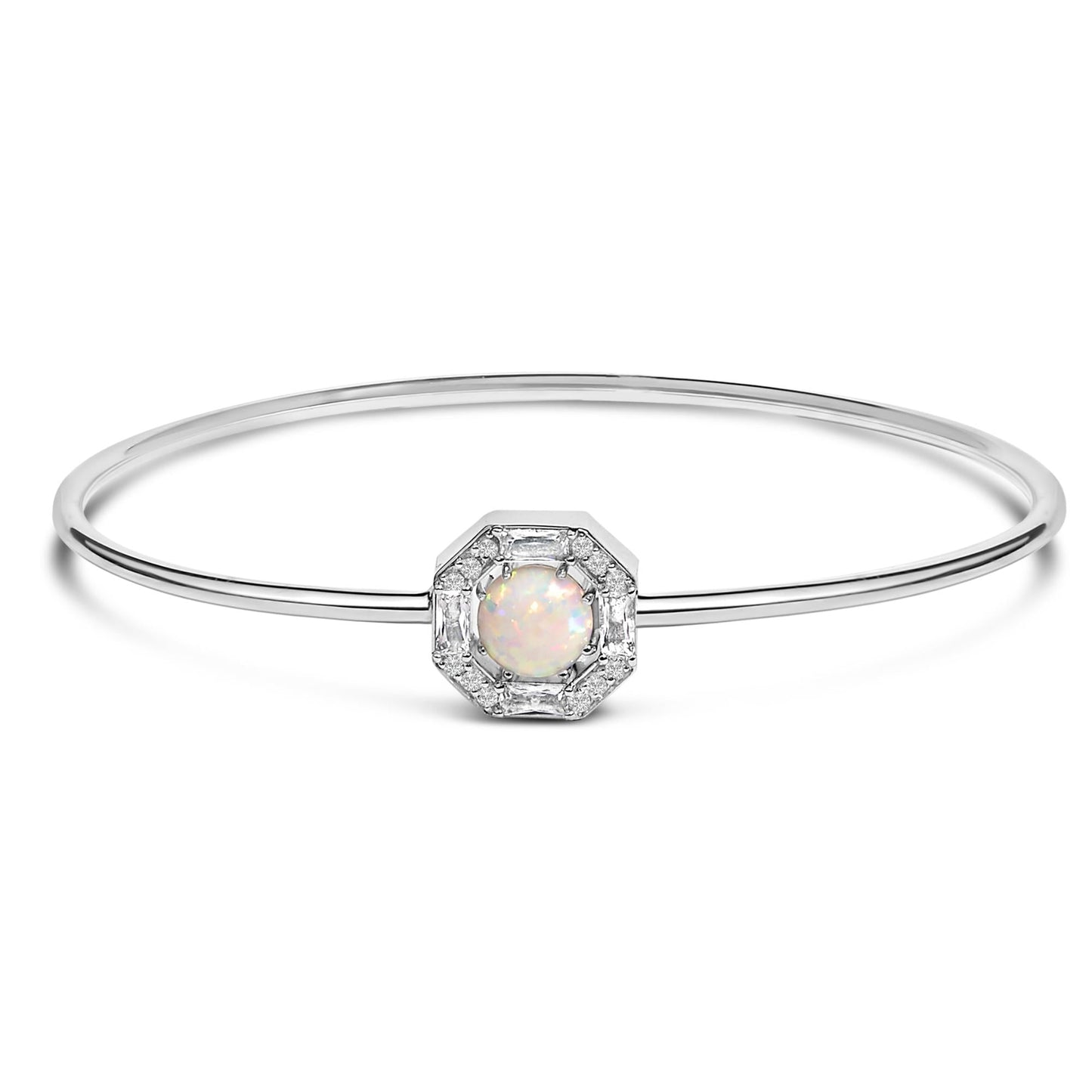 .925 Sterling Silver 7X7MM Created Opal and White Sapphire Halo Bangle Bracelet - 7 Inches