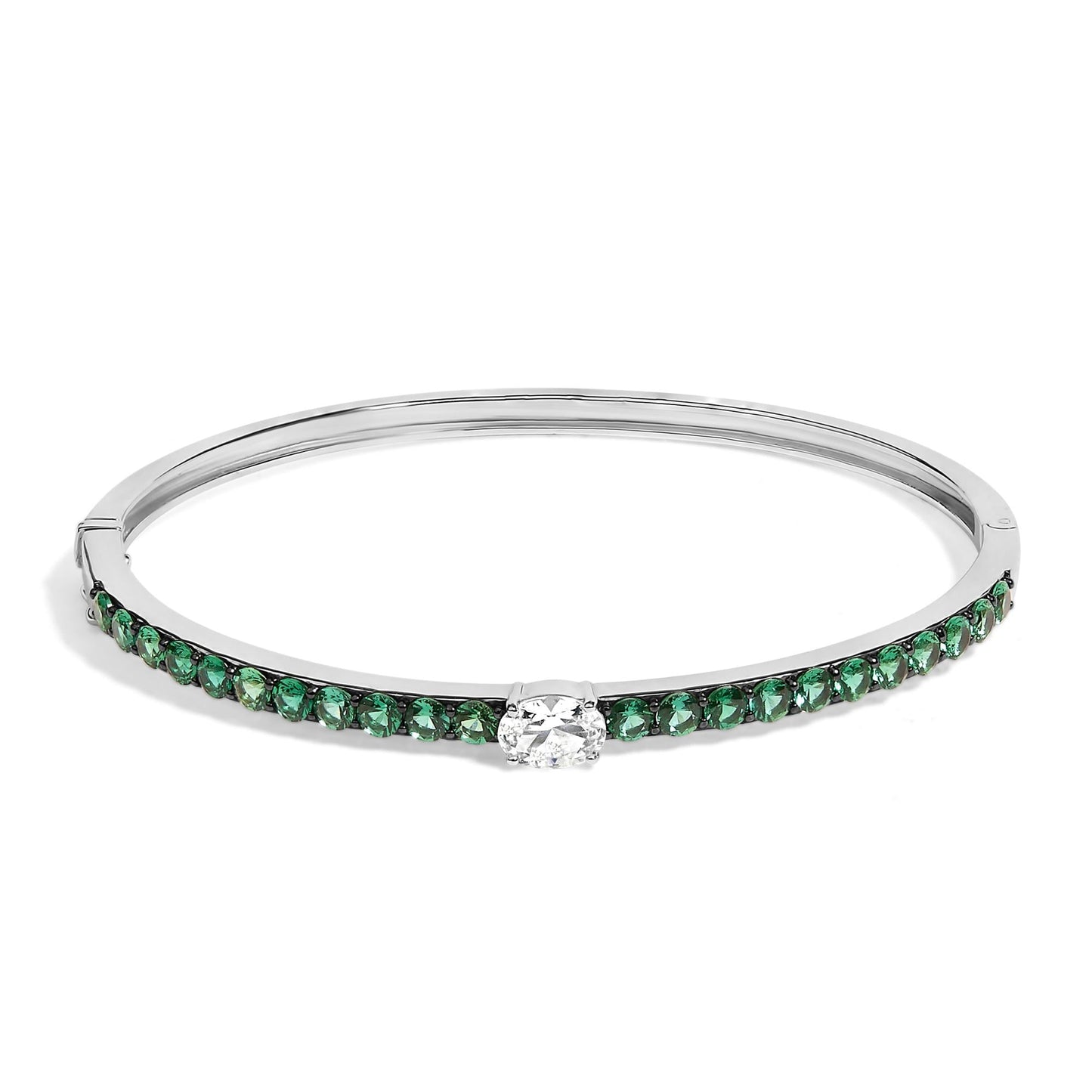 .925 Sterling Silver Created Sapphire and Emerald Semi Eternity Bangle Bracelet - 7" Inches