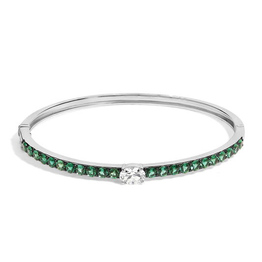 .925 Sterling Silver Created Sapphire and Emerald Semi Eternity Bangle Bracelet - 7" Inches