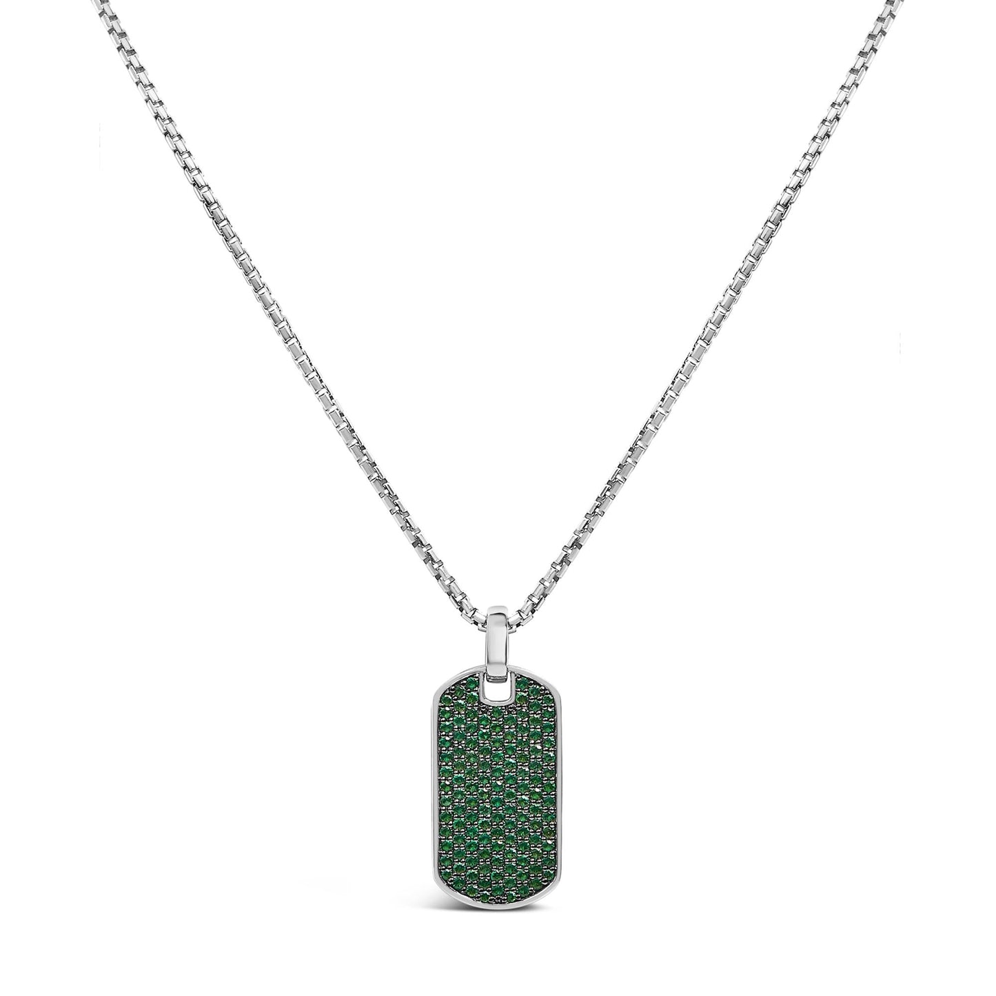 Men's .925 Sterling Silver Created Green Emerald Dog Tag Pendant Necklace - 22" Inches
