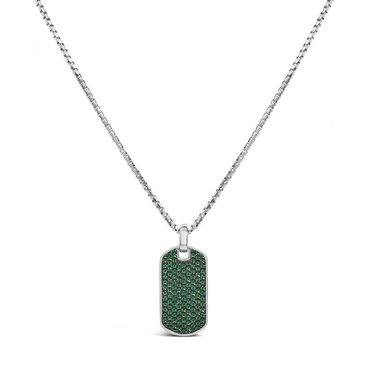 Men's .925 Sterling Silver Created Green Emerald Dog Tag Pendant Necklace - 22" Inches