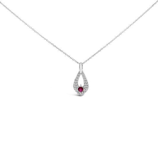 .925 Sterling Silver Created Red Ruby and White Sapphire Pear Shaped Pendant Necklace - 18" Inches