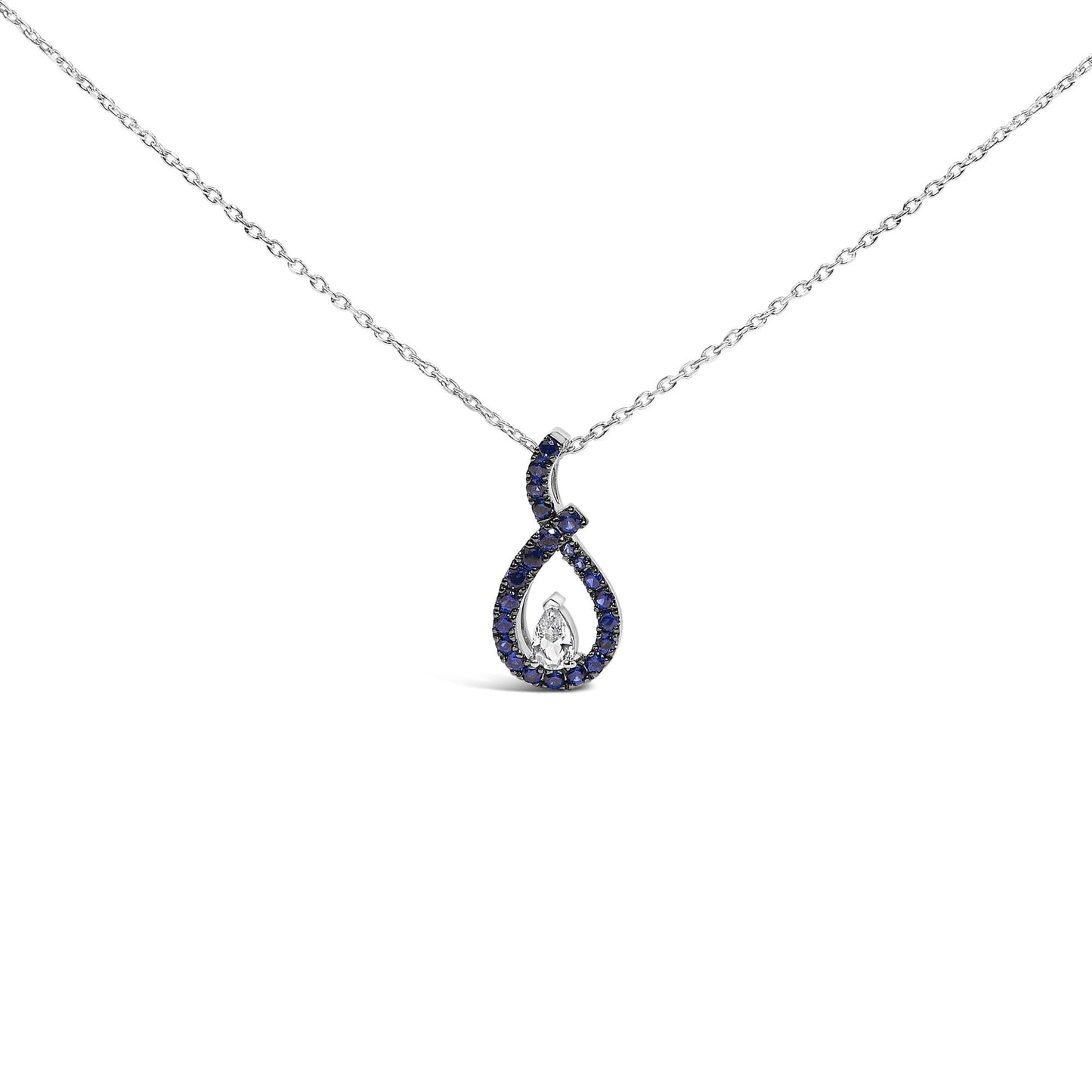 .925 Sterling Silver Created Blue and White Sapphire Teardrop Shaped Pendant Necklace - 18" Inches