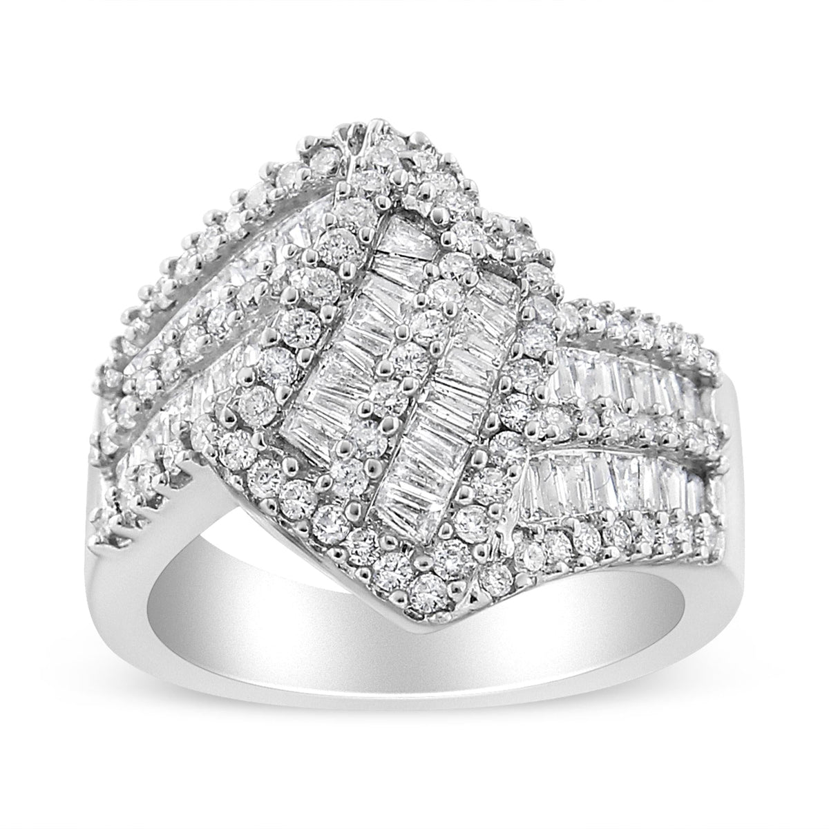 14K White Gold 1-1/2 Cttw Round and Baguette Diamond Bypass Cocktail Ring Band (H-I Color, SI1-SI2 Clarity) - JackiEaslick