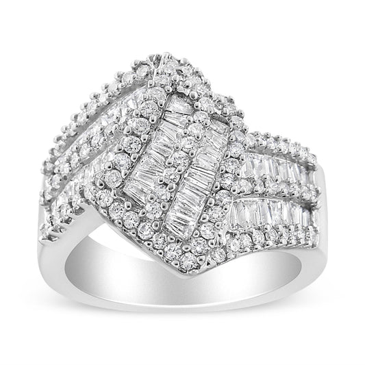 14K White Gold 1-1/2 Cttw Round and Baguette Diamond Bypass Cocktail Ring Band (H-I Color, SI1-SI2 Clarity) - JackiEaslick