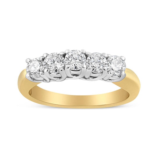 18K Yellow Gold 1.0 Cttw 4 Prong Set Round Cut Diamond Step up 5 Stone Ring Band (F-G Color, SI1-SI2 Clarity)