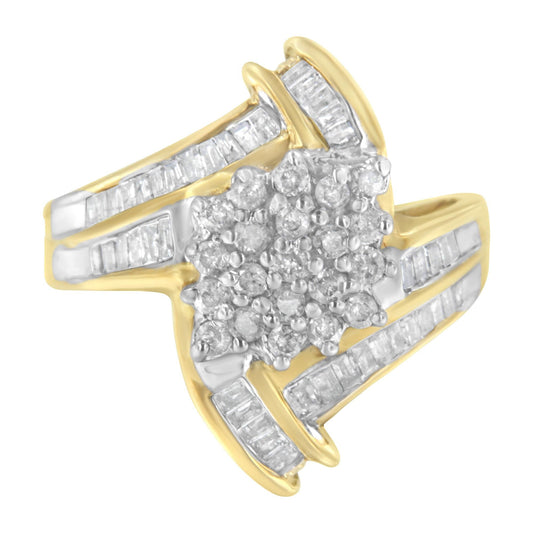 10K Yellow Gold Round and Baguette-Cut Diamond Bypass Cluster Ring (1.0 Cttw, I-J Color, I1-I2 Clarity) - JackiEaslick