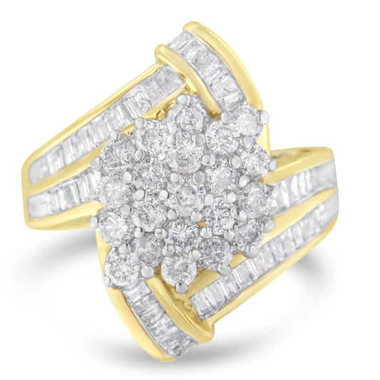10K Yellow Gold Round and Baguette Diamond Crossover Cluster Ring (3 Cttw, I-J Color, I1-I2 Clarity) - JackiEaslick