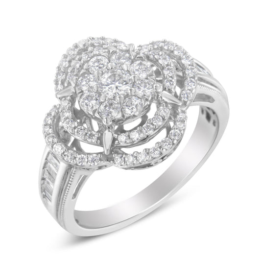 14K White Gold 1.0 Cttw Round & Baguette Cut Diamond Floral Cluster Quatrefoil Channel Set Band Cocktail Statement Ring (H-I Color, SI2-I1 Clarity) - JackiEaslick