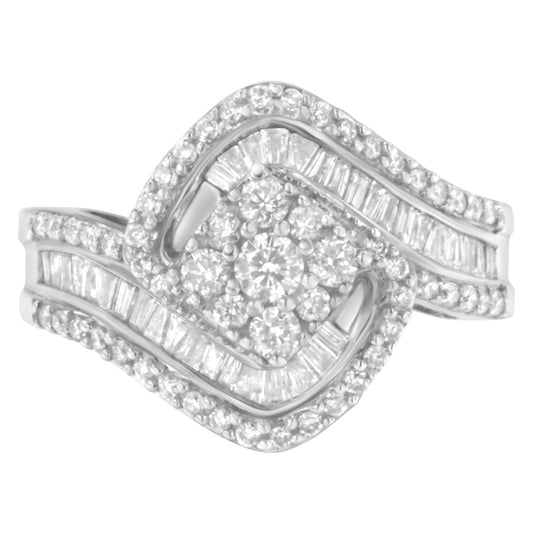 14K White Gold 1.0 Cttw Baguette & Brilliant-Cut Diamond Round Floral Cluster Engagement or Fashion Ring with Swirl Wrapped Triple Row Band (H-I Color, SI2-I1 Clarity) - JackiEaslick