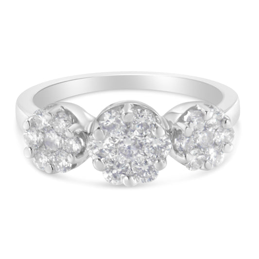 14K White Gold 1-1/4 Cttw Brilliant Cut Diamond Three Round Floral Clusters Engagement or Fashion Ring (H-I Color, SI2-I1 Clarity) - JackiEaslick