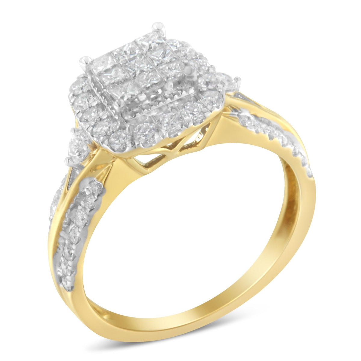10K Yellow Gold 1.0 Cttw Diamond Composite Cushion-Shape Halo 3-Band-Look Engagement Ring (H-I Color, SI1-SI2 Clarity) - JackiEaslick