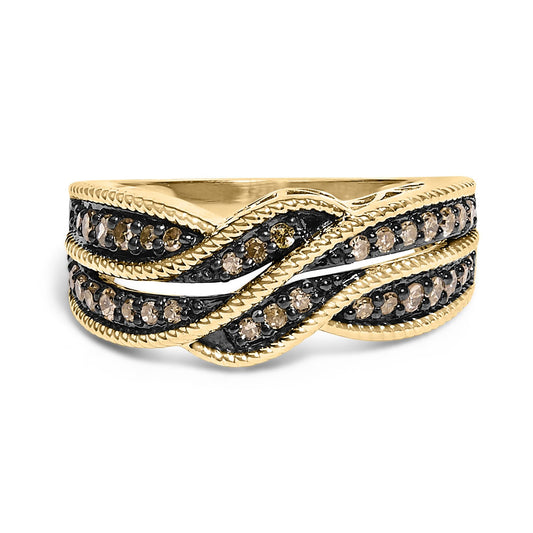 10K Yellow Gold Plated .925 Sterling Silver 1/2 Cttw Champagne Diamond Twisted Braid Band Ring