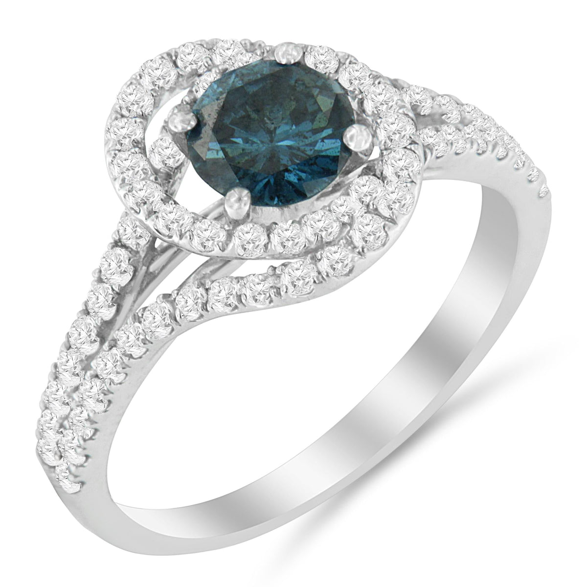 14K White Gold 1-1/3 Cttw White & Blue Diamond Interweaving Double Halo Cocktail Statement Ring (G-H and Fancy Blue Color, SI2-I1 Clarity) - JackiEaslick