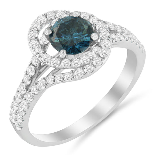 14K White Gold 1-1/3 Cttw White & Blue Diamond Interweaving Double Halo Cocktail Statement Ring (G-H and Fancy Blue Color, SI2-I1 Clarity) - JackiEaslick
