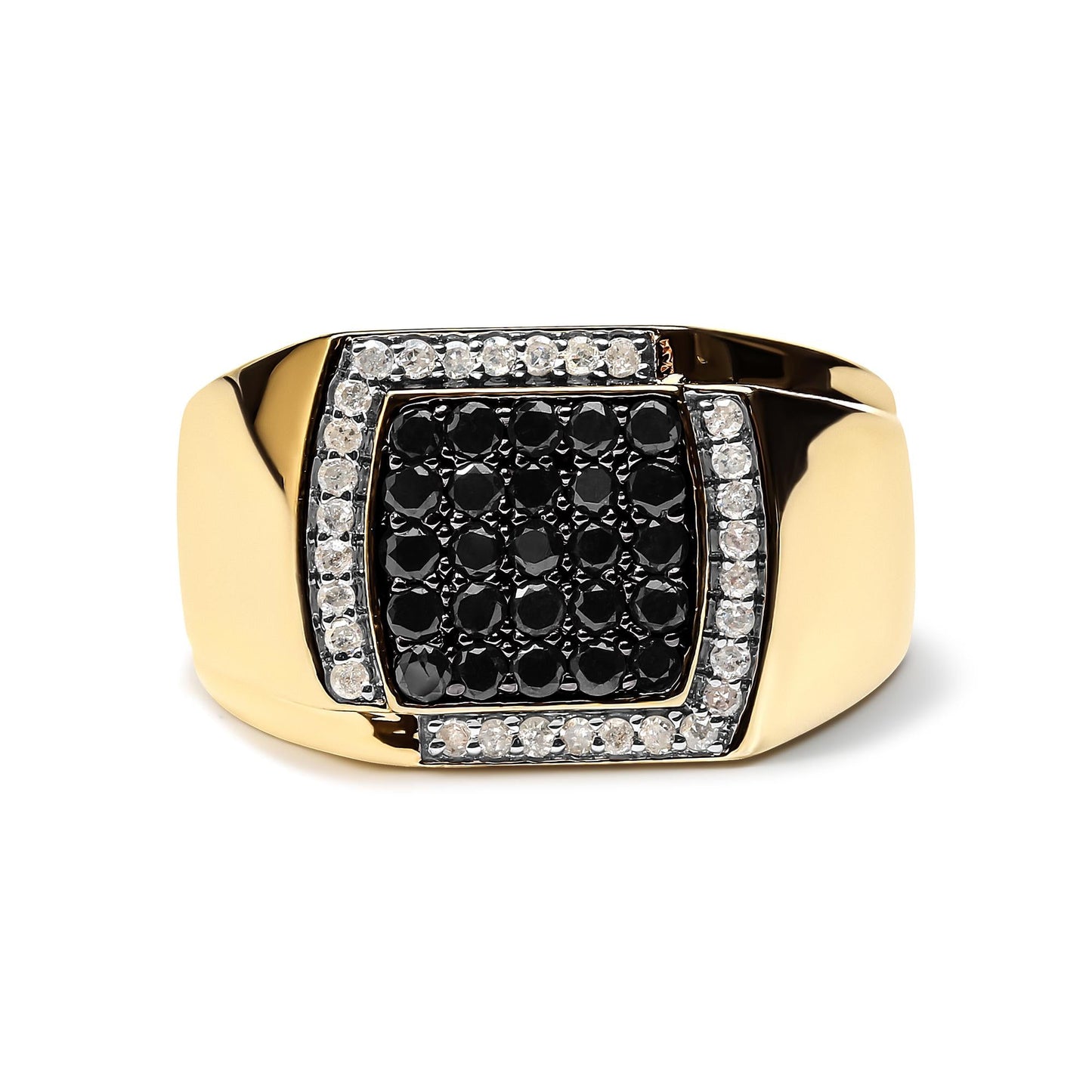 Men's 10K Yellow Gold 1.00 Cttw Cushion Cluster Black and White Diamond Statement Ring (I-J Color, I2-I3 Clarity)
