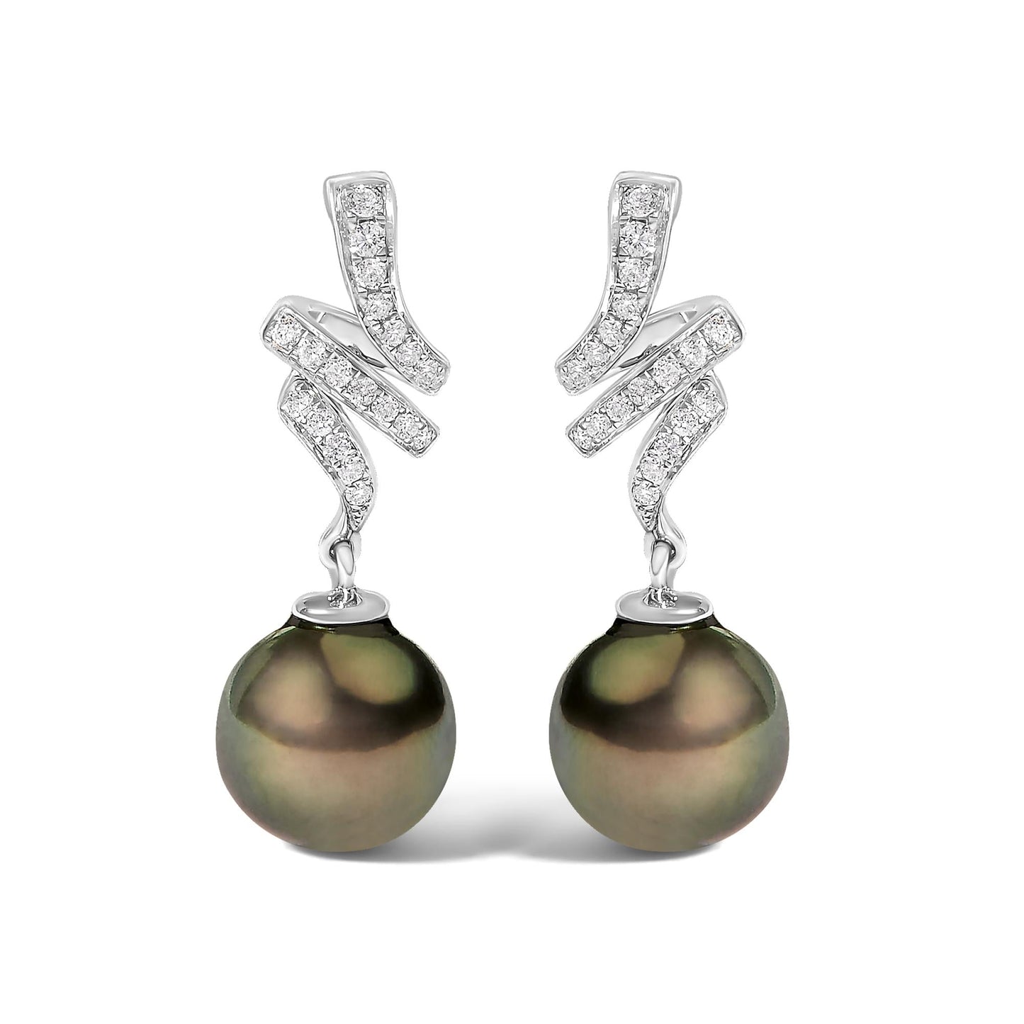 14K White Gold 9MM Cultured Black Pearl and Diamond Accent Drop and Dangle Earrings (I-J Color, SI1-SI2 Clarity)