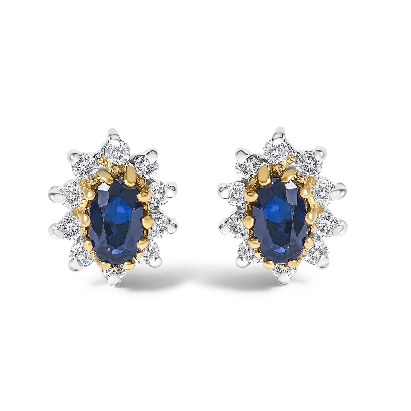 14K Yellow Gold 1/4 Cttw Diamond and Blue Sapphire Sunburst Halo Stud Earrings (K-L Color, I1-I2 Clarity)