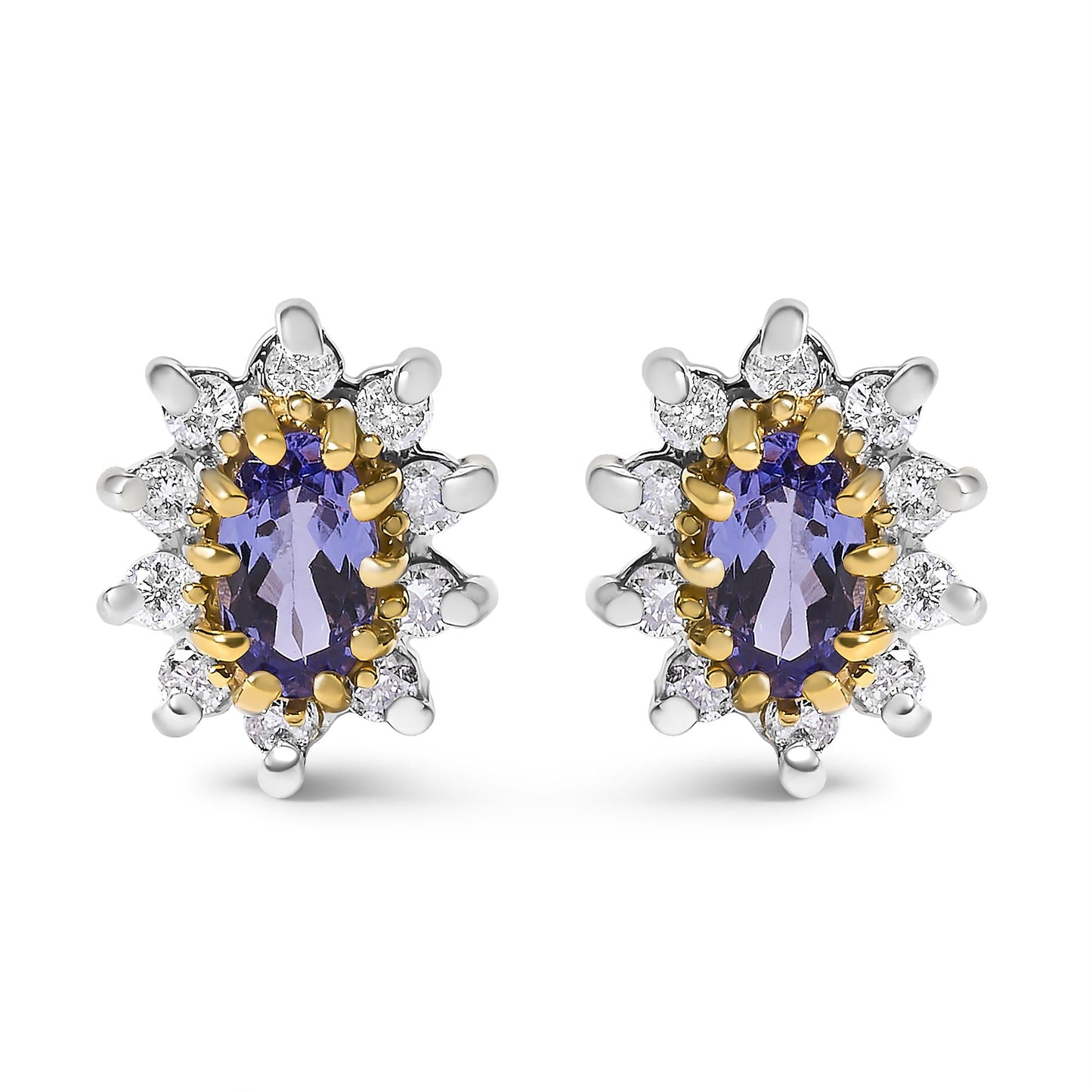 14K Yellow Gold 1/4 Cttw Diamond and Blue Purple Tanzanite Sunburst Halo Stud Earrings (K-L Color, I1-I2 Clarity)