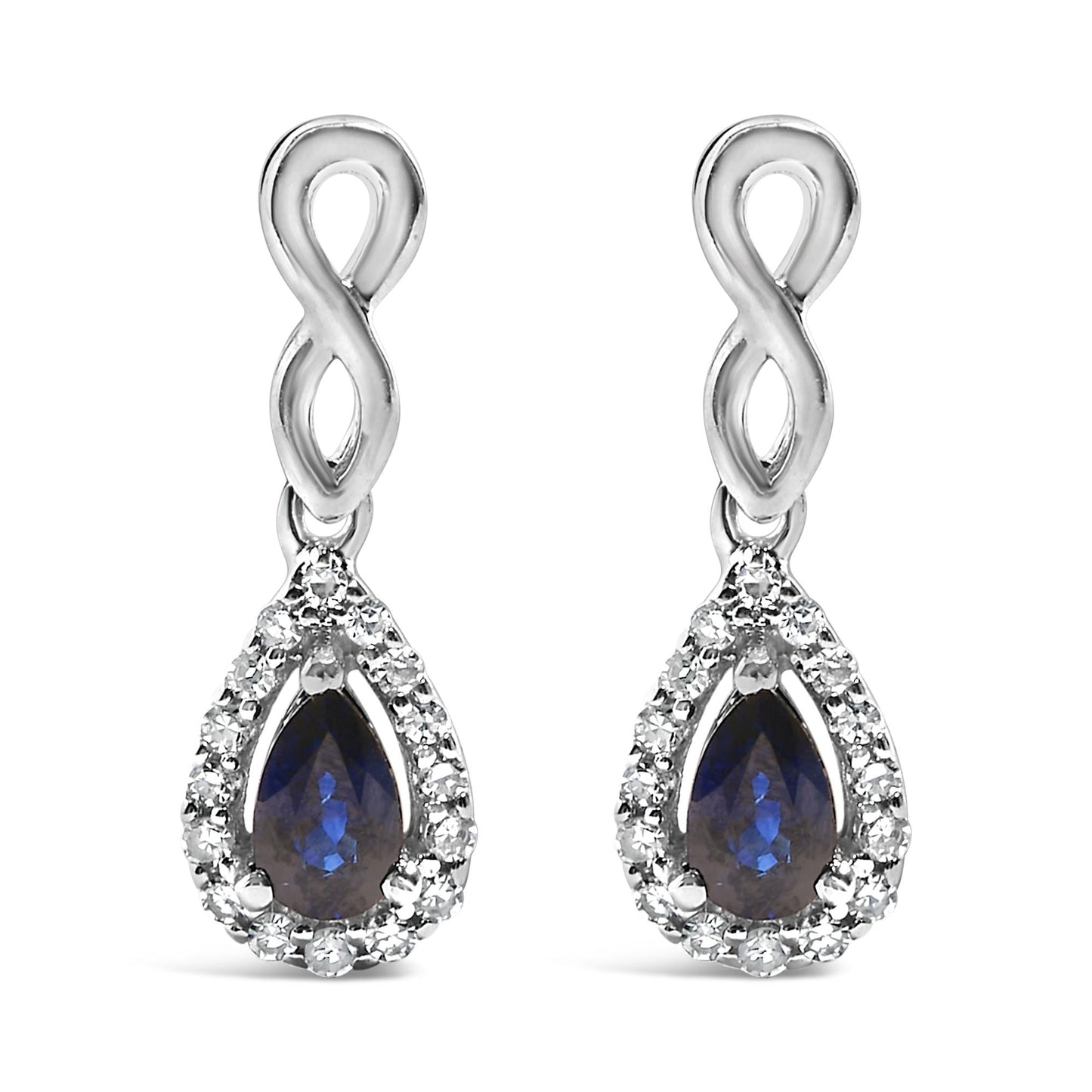 10K White Gold Pear Cut Blue Sapphire and 1/7 Cttw Diamond Infinity Drop and Dangle Earrings (I-J Color, I1-I2 Clarity)
