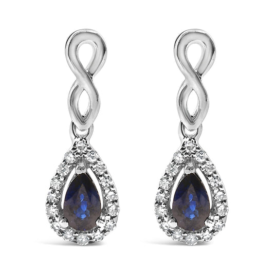 10K White Gold Pear Cut Blue Sapphire and 1/7 Cttw Diamond Infinity Drop and Dangle Earrings (I-J Color, I1-I2 Clarity)