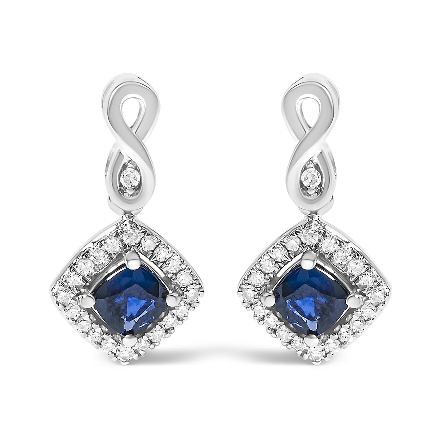 10K White Gold Blue  Sapphire and Diamond Halo Cushion Shaped Drop Earrings (I-J Color, I1-I2 Clarity)