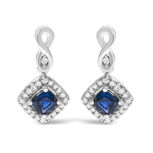 10K White Gold Blue  Sapphire and Diamond Halo Cushion Shaped Drop Earrings (I-J Color, I1-I2 Clarity)