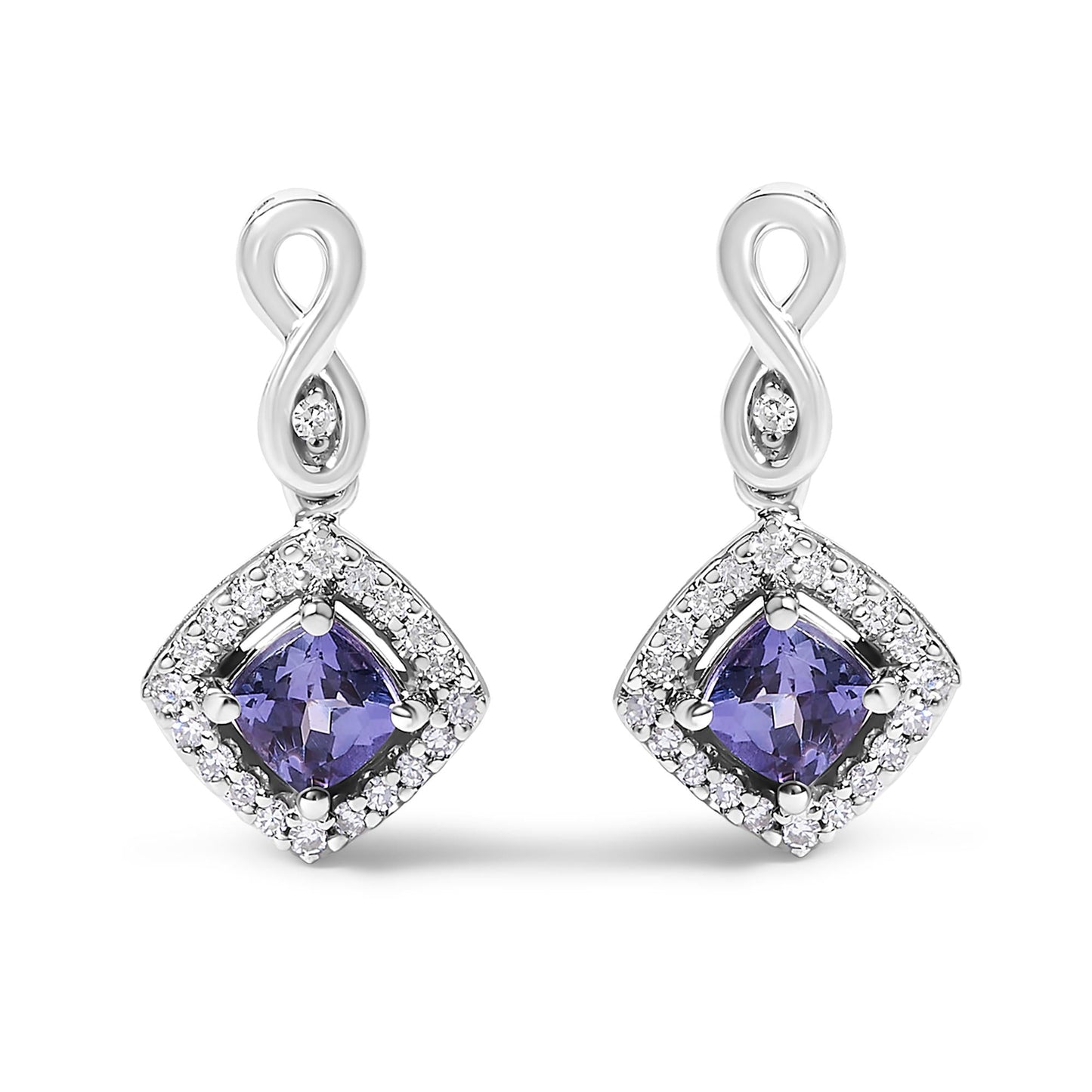 10K White Gold Blue Purple Tanzanite and Diamond Halo Cushion Shaped Drop Earrings (I-J Color, I1-I2 Clarity)