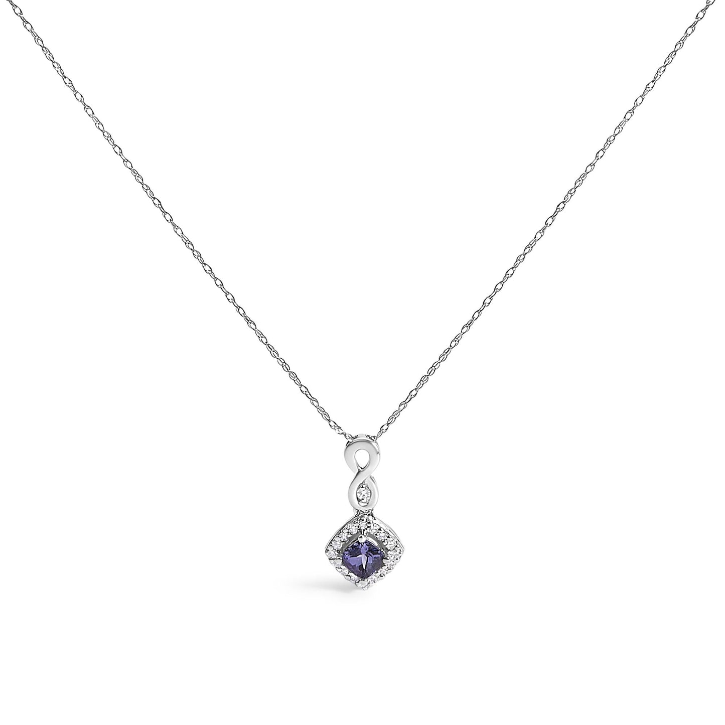 10K White Gold Blue Purple Tanzanite and Diamond Accent Cushion Drop Pendant Necklace - 18" Inches