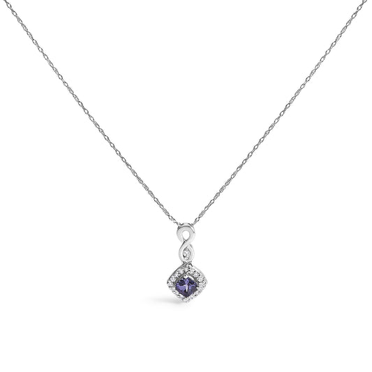 10K White Gold Blue Purple Tanzanite and Diamond Accent Cushion Drop Pendant Necklace - 18" Inches