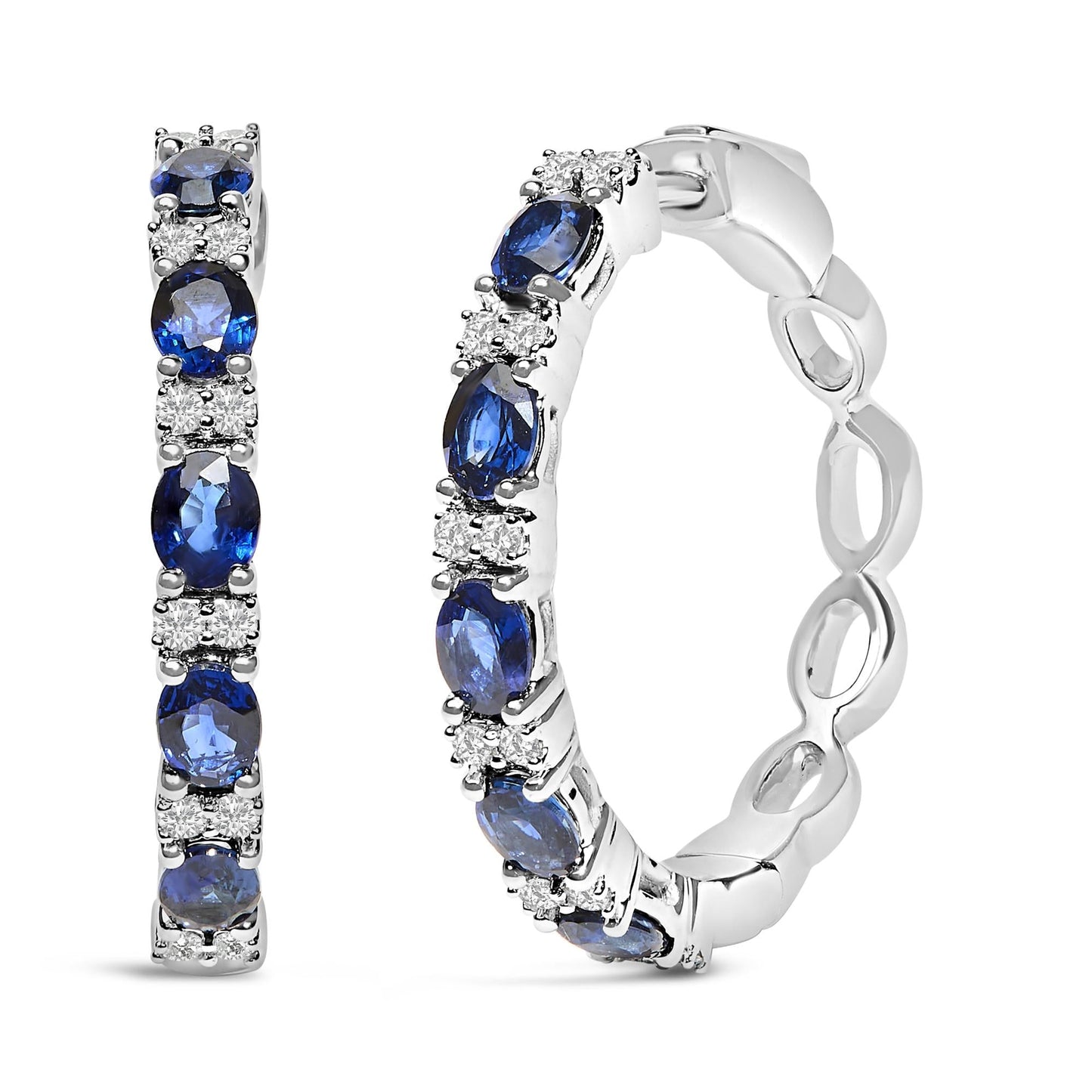 14K White Gold 4x3mm Oval Blue Sapphire and 1/4 Cttw Diamond Alternating Hoop Earring (I-J Color, SI2-I1 Clarity)