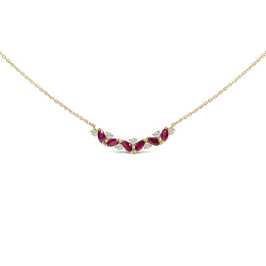 14K Yellow Gold Red Ruby and Diamond Trio Bar Line Necklace (I-J Color, SI2-I1 Clarity) - 18 inch