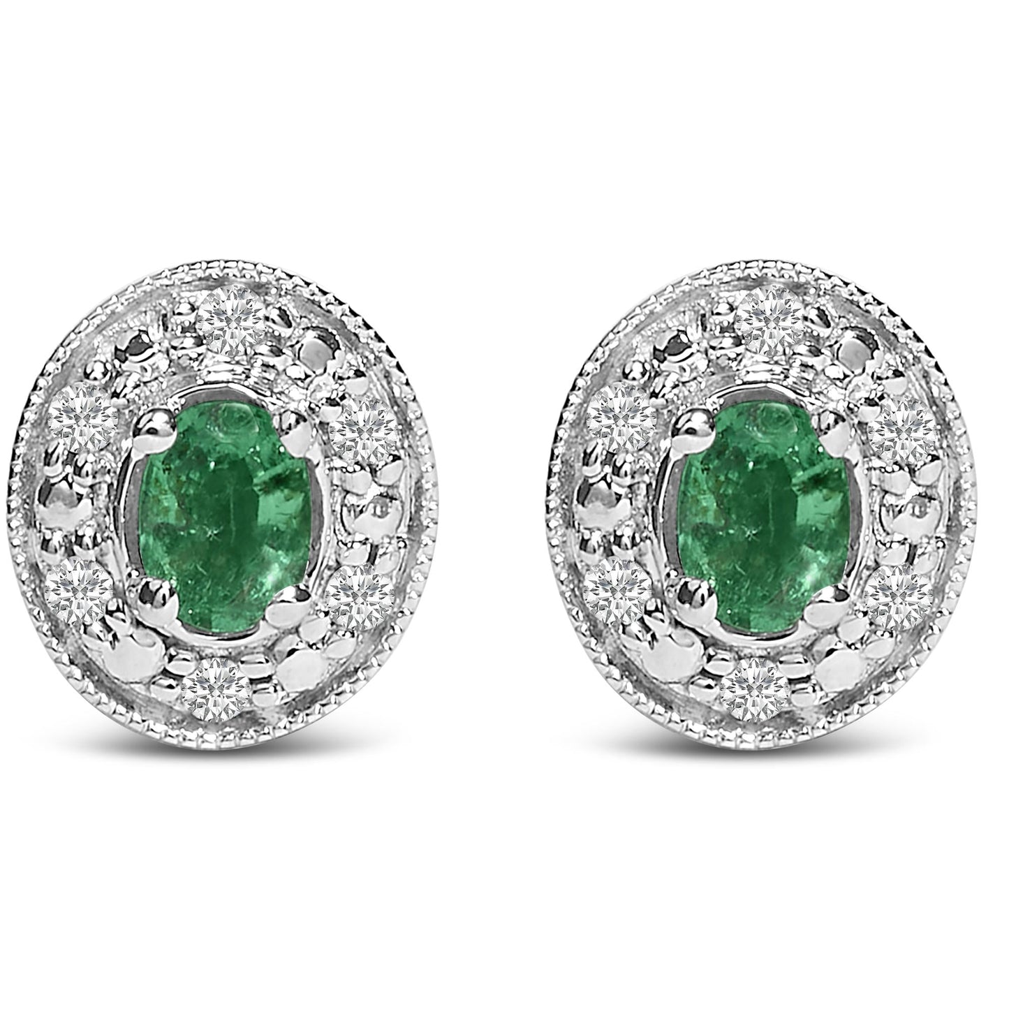 14K White Gold Oval Green Emerald and 1/10 Cttw Diamond Halo Stud Earrings  (I-J Color, I1-I2 Clarity)