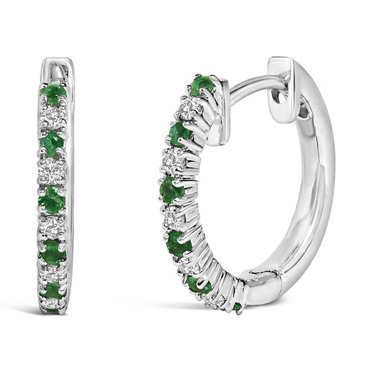 10K White Gold Alternating Emerald 1/10 Cttw Diamond Huggy Hoop Earrings (I-J Color, I1-I2 Clarity)