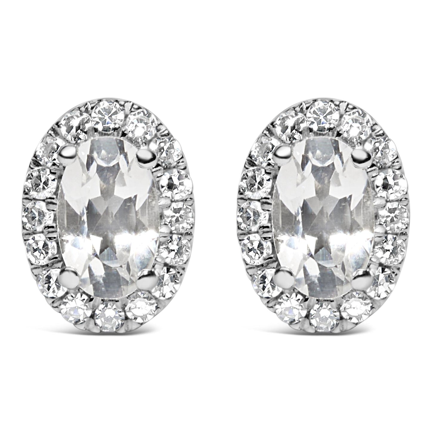 10K White Gold 5x3 MM Oval Cut Birthstone and Diamond Halo Stud Earrings (I-J Color, I1-I2 Clarity)