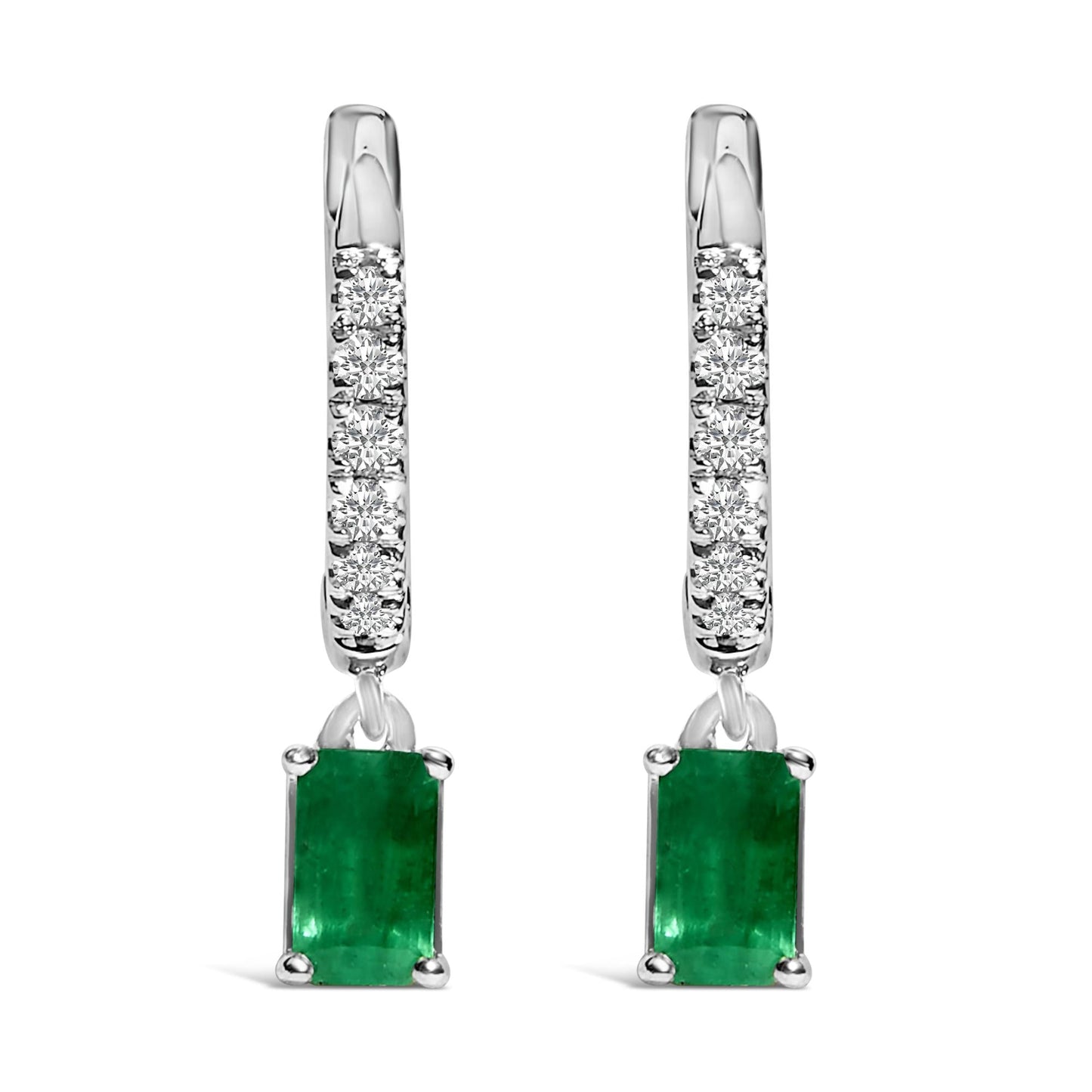 10K White Gold Oval Green Emerald and 1/8 Cttw Diamond Drop Earrings  (I-J Color, I1-I2 Clarity)